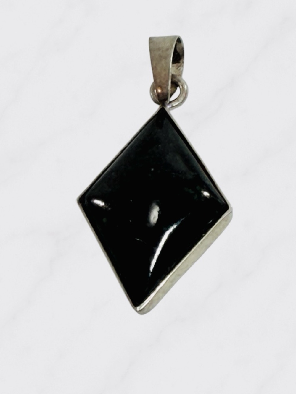 Vintage Sterling Silver Black Onyx Diamond Shape Pendant Minimalist Geometric